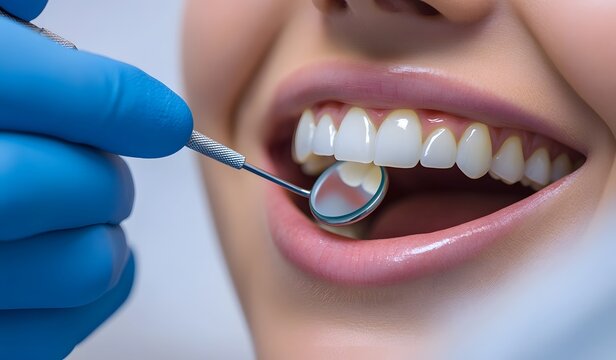 Close up of a beautiful woman's mouth with white teeth. A dentist is using a mirror and tools to check her mouth for cavities
