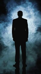 Silhouetted businessman standing strong amidst the aura of triumph.