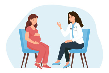 Pregnant woman at consultation with doctor. Woman and the doctor are talking in the office.Monitoring pregnancy and healthy.Vector illustration