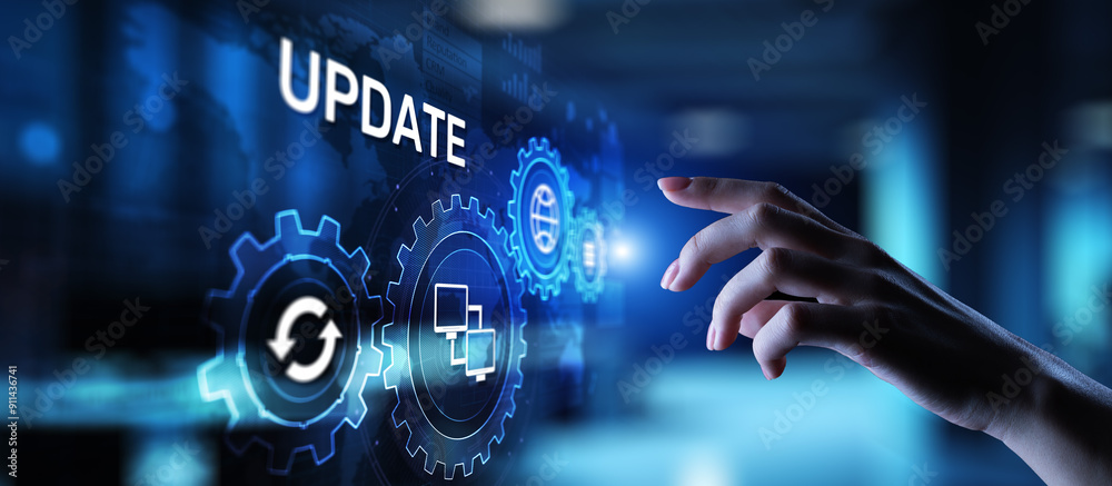 Poster update system upgrade software version technology concept on virtual screen.