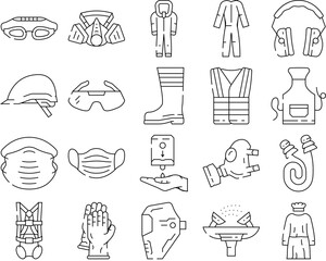 personal protective equipment ppe icons set vector. safety mask, medical doctor, hospital virus, health, glasses disease, construction personal protective equipment ppe black contour illustrations