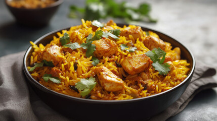 Fototapeta premium A flavorful Indian dish featuring spicy chicken cooked with aromatic basmati rice.