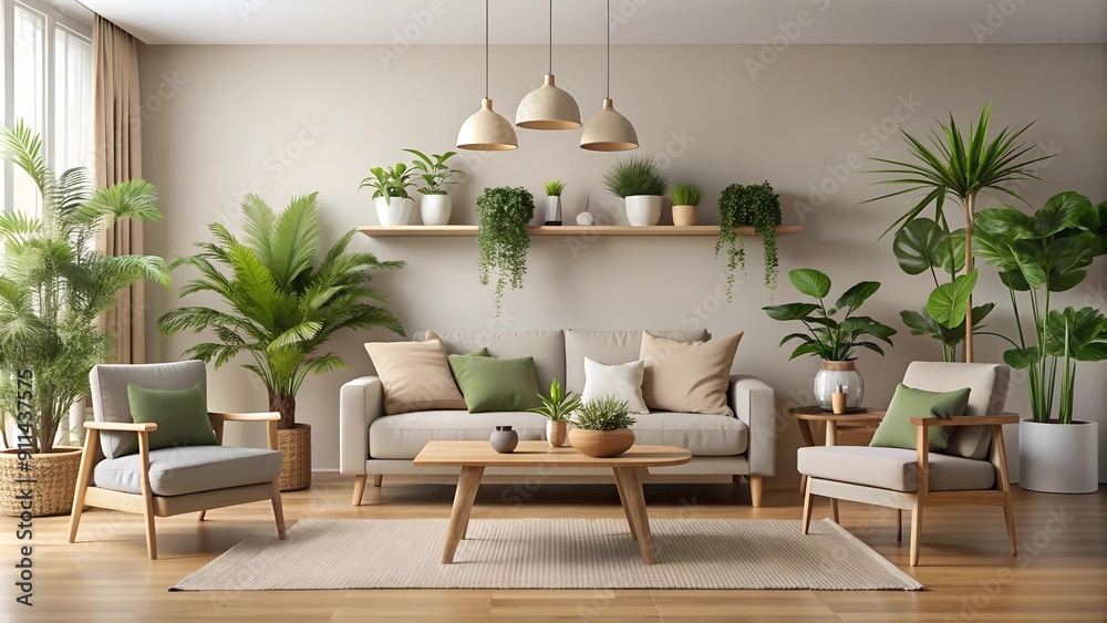 Wall mural Serene Minimalist Living Room with a Touch of Nature  AI Generated