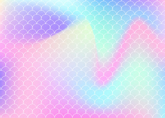 Mermaid scales background with holographic gradient. Bright color transitions. Fish tail banner and invitation. Underwater and sea pattern for girlie party. Hipster backdrop with mermaid scales.