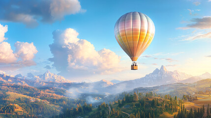 Obraz premium A hot air balloon is floating in the sky above a mountain range. The scene is serene and peaceful, with the balloon providing a sense of freedom and adventure.