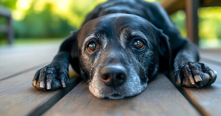 An old black Labrador dog lying on the wooden terrace, looking at the camera with a sad face and crying eyes. 