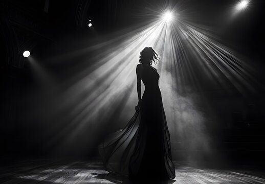 Black and white photo of an elegant woman in a dress standing on stage, with the spotlight illuminating her silhouette against the dark backdrop of the theater  - Powered by Adobe