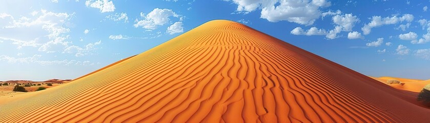 A minimalist composition with a single sand dune against a vibrant blue sky