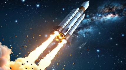 Fototapeta premium A sleek, futuristic space rocket soaring through a vibrant nebula, leaving a trail of glowing exhaust and stars in its wake ,The images are of high quality and clarity