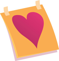 Yellow paper note with a pink heart is hanging on the wall