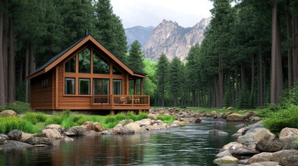 Obraz premium A charming wooden house nestled among trees, with a peaceful stream flowing nearby and majestic mountains in the background, creating a serene natural environment