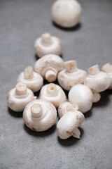 Raw mini mushroom champignon in a gray background. Top view