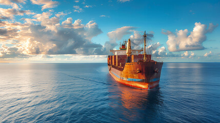 Fototapeta premium Aerial view of large container cargo carrier ship is traveling in calm waters of ocean on the blue sky background. Container ship and cargo logistic.