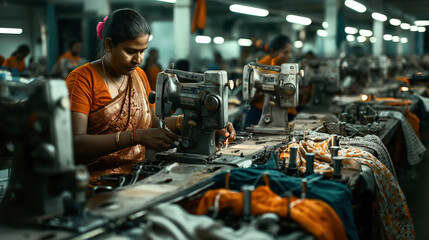 Fototapeta premium An Indian woman working on a sewing machine in a textile factory, with rows of other women and sewing machines in the background.