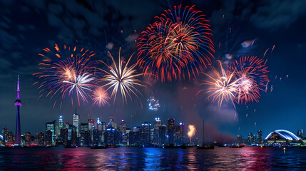 Vibrant fireworks light up the night sky over a city skyline, reflecting on the water and creating a festive atmosphere.