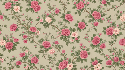 Fototapeta premium Vintage floral wallpaper: ornate pattern with antique roses and leaves, illustrated in elegant pink tones for spring and summer decor