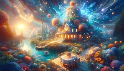 Bright celestial lights over a beautiful, abstract night sky with stars, nebula, and clouds reflecting in the sea