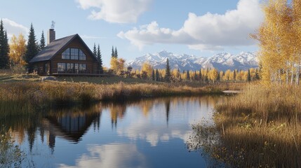 Fototapeta premium A charming wooden house nestled among trees, with a peaceful stream flowing nearby and majestic mountains in the background, creating a serene natural environment