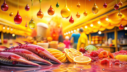 Freshly cut fish, bright lemons and selected fruits can be seen in the bustling, colorful market environment.Decorative drops of various shades hang above, giving a festive atmosphere.Generated by AI.