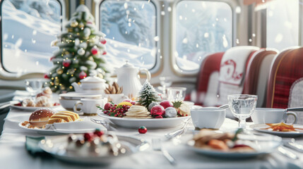A festive Christmas dinner is set on a train, with a beautifully decorated tree and snowy landscape outside