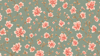 Vintage floral wallpaper: ornate pattern with antique roses and leaves, illustrated in elegant pink tones for spring and summer decor