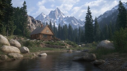A charming wooden house nestled among trees, with a peaceful stream flowing nearby and majestic mountains in the background, creating a serene natural environment