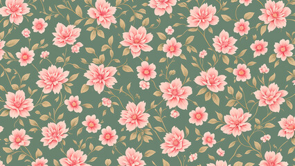Fototapeta premium Vintage floral wallpaper: ornate pattern with antique roses and leaves, illustrated in elegant pink tones for spring and summer decor