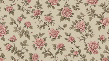 Fototapeta premium Vintage floral wallpaper: ornate pattern with antique roses and leaves, illustrated in elegant pink tones for spring and summer decor