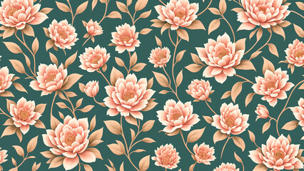 Vintage floral wallpaper: ornate pattern with antique roses and leaves, illustrated in elegant pink tones for spring and summer decor