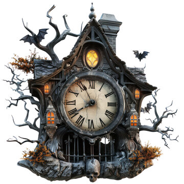 A creepy looking clock with bats flying around it