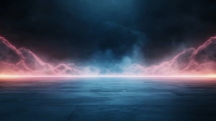 Abstract futuristic landscape with neon mountains and smoke.  Perfect for backgrounds and design elements.