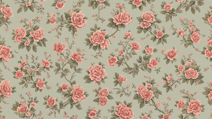 Vintage floral wallpaper: ornate pattern with antique roses and leaves, illustrated in elegant pink tones for spring and summer decor
