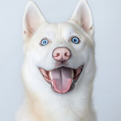 Close-up of a happy dog with striking blue eyes, tongue out, and ears perked up, against a light background.