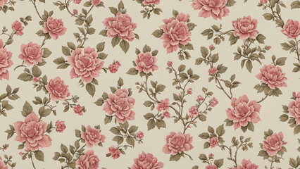 Vintage floral wallpaper: ornate pattern with antique roses and leaves, illustrated in elegant pink tones for spring and summer decor