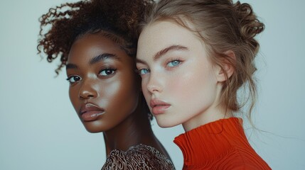 Obraz premium Close-up Portrait Head shot women young two models with different skin and hair colors. multiracil diverse 