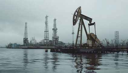 Obraz premium The photo shows an oil pump in the background with the sea and a port. There is an industrial area with many oil workers on the water surface.