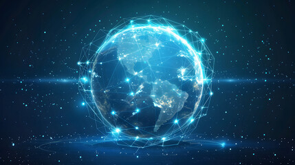 Obraz premium A global digital network depicted with Earth surrounded by connected data points, representing worldwide connectivity and technological communication across the globe.