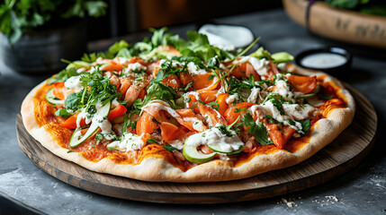 Close-up of a freshly baked pizza topped with smoked salmon, fresh herbs, cucumber slices, sauces, and garnished with cilantro on a wooden board.