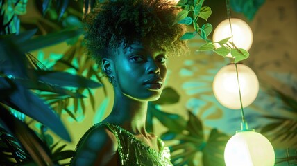 Mysterious portrait of a woman in green lighting, creating a dramatic and enigmatic atmosphere.