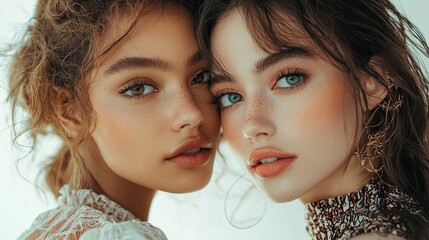 Obraz premium Close-up Portrait Head shot women young two models with different skin and hair colors. multiracil diverse 