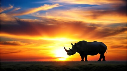 Fototapeta premium A Regal Rhino Silhouette Against a Vibrant Sunset Generative AI