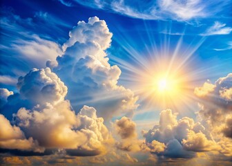 Fototapeta premium Vibrant blue sky filled with puffy white clouds, warm golden sunlight peeking through gaps, casting a serene and peaceful atmosphere on a beautiful day.