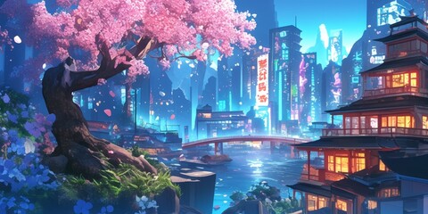 Obraz premium Enchanting Japanese Night Cityscape: Neon-lit Skyscrapers and Cherry Blossoms. Futuristic Anime Fantasy Urban Scene with Pink Sakura Trees. Dreamy Cartoon-style Wallpaper for Creative Marketing. 4K Hi