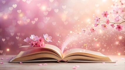 An Open Book Adorned with Pink Flowers and Hearts  Generative AI