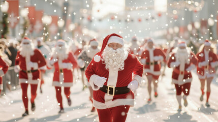 A festive Santa run event with participants dressed in Santa costumes, capturing the lively and joyful spirit of Christmas. Perfect for holiday event and celebration visuals