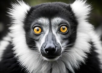 Obraz premium Intense gaze of a black-and-white ruffed lemur in stunning close-up, showcasing its furry face, long whiskers, and expressive eyes in striking monochromatic detail.