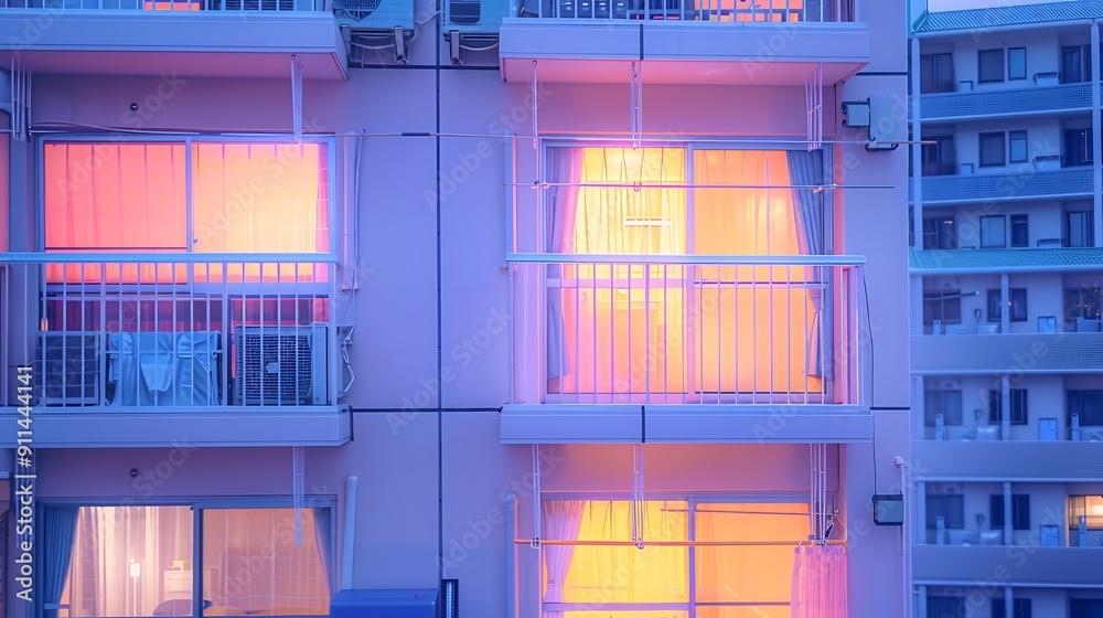 Sticker Apartment Building with Illuminated Windows at Dusk.