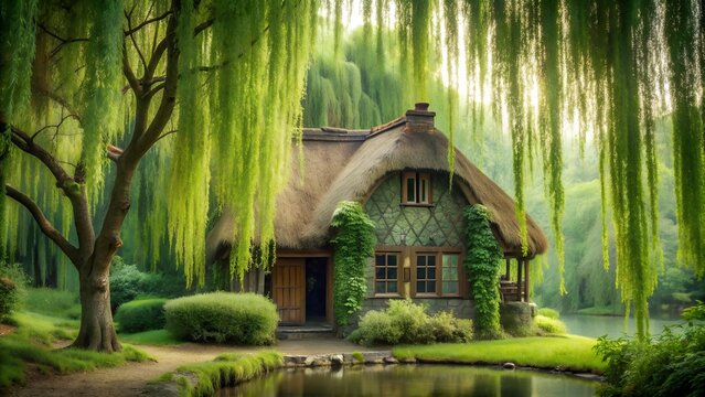 Enchanted Cottage Amidst the Willow Weepers  AI generated