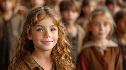 A group of kids acting in a school play on a stage