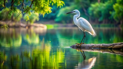 Serene turquoise lake scenery featuring a majestic little egret standing on a weathered branch, surrounded by lush greenery and mirrored in calm ocean waters.